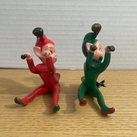 Vtg 50s Red Green Pixie Elf Figurines Ladybug Rubber Hangers Climbers Christmas - Picture 2 of 9